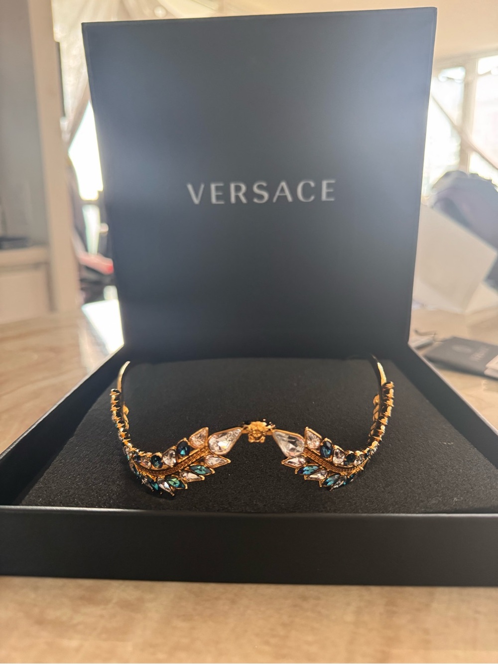 Versace Gold Leaf Crystal Headband with Clear & Blue Stones